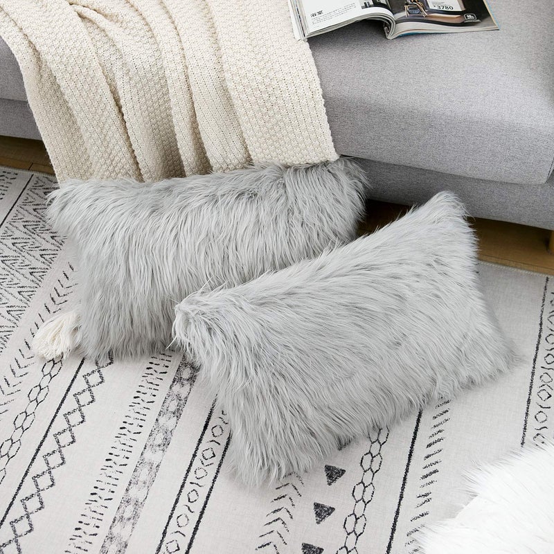 WLNUI Set of 2 Light Grey Decorative Lumbar Fluffy Pillow Covers New Luxury Series Merino Style Faux Fur Throw Pillow Covers Fuzzy Cushion Case Spring Easter Home Decor 12x20 Inch - Image 2